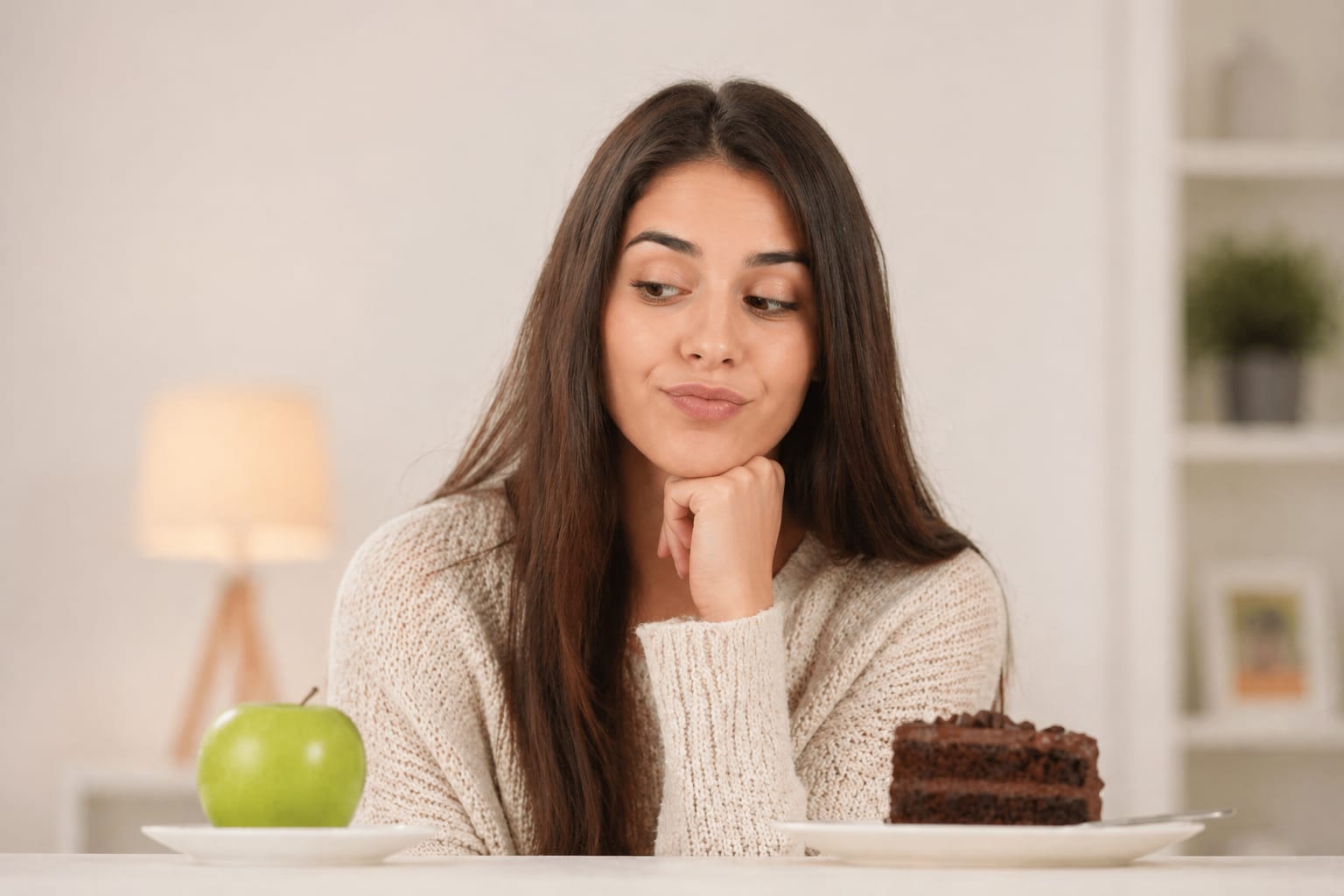 فتاة تمسك تفاحة وشوكولاتة